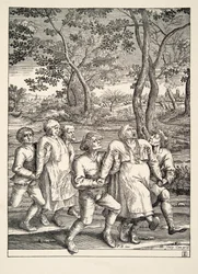 Zwei Gruppen von Bauern folgen der Pilgerfahrt der Epilepsie, um 1642